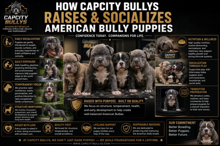 Capcity Bullys American Bully puppies being raised and socialized through early interaction, structure development, nutrition, and responsible breeding practices