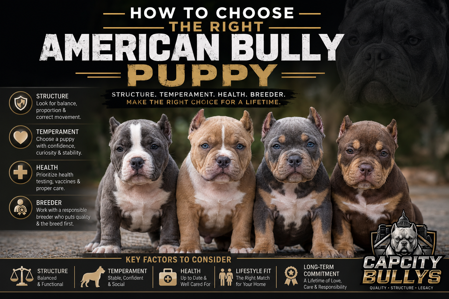 How to choose the right American Bully puppy infographic featuring four American Bully puppies with structure, temperament, health, and breeder tips