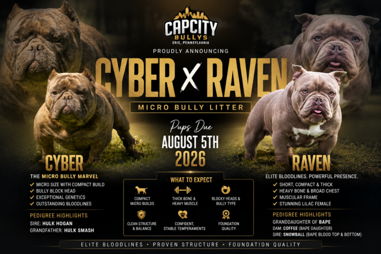 Cyber and Raven Micro Bully breeding announcement featuring elite bloodlines, compact structure, and puppies due August 5, 2026.