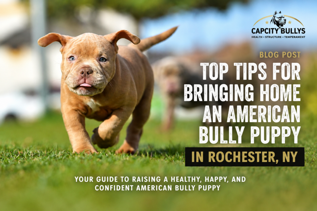 Micro American Bully puppy running outdoors promoting Top Tips for Bringing Home an American Bully Puppy in Rochester, NY by Capcity Bullys.